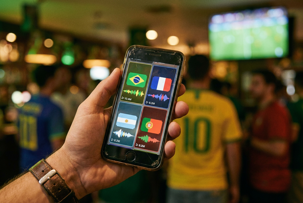 alt text for a phone screen showing a TikTok feed full of World Cup AI anthem videos with different national team flags and stadium footage