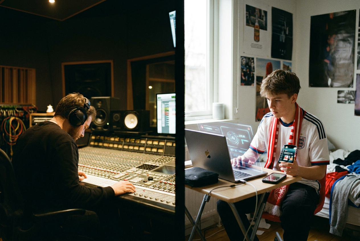 alt text for a split-screen showing the old vs new way of making World Cup anthem music