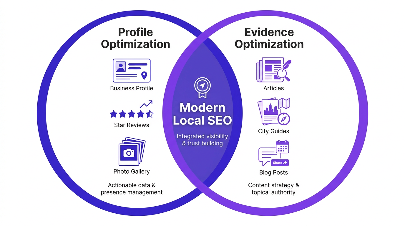 Venn diagram showing Profile Optimization and Evidence Optimization forming modern local SEO strategy