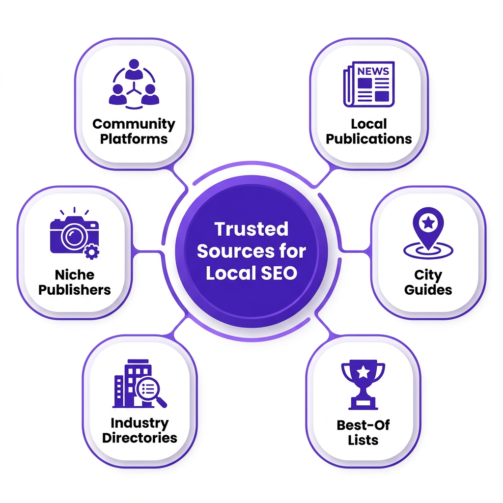 Infographic showing six trusted source types that influence Google Maps local SEO