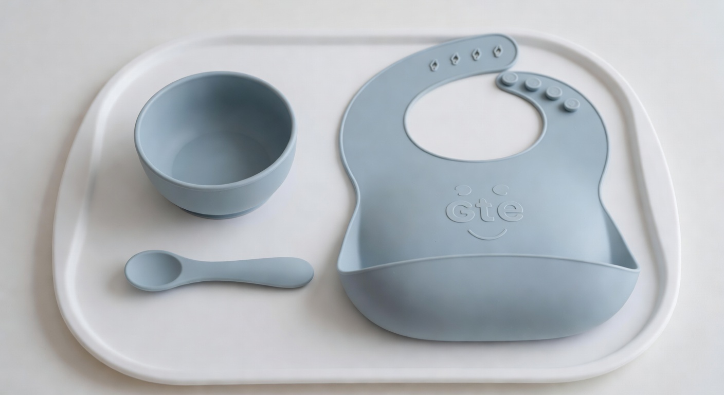 baby feeding essentials including small bowl, silicone spoon, and bib arranged on a white tray
