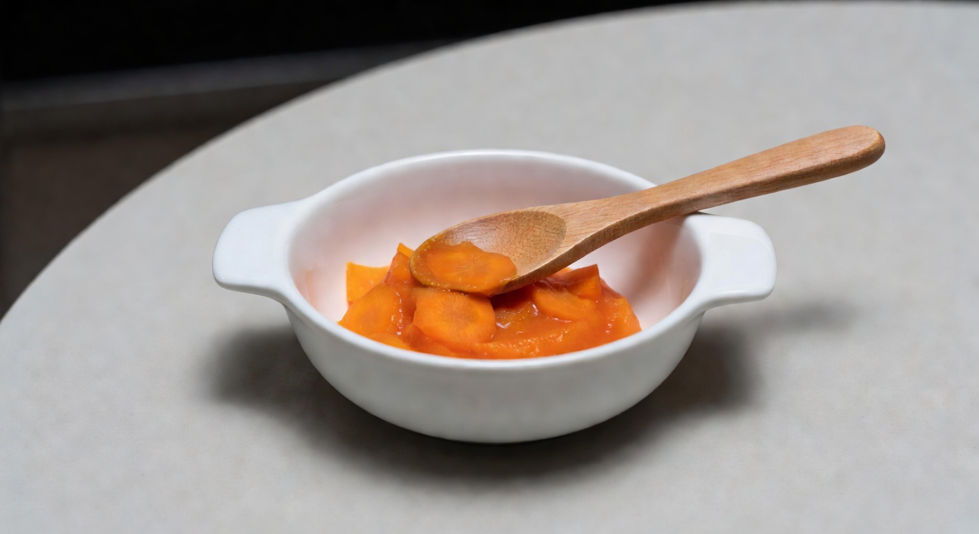 small baby bowl with pureed carrot and a wooden spoon on a light-colored kitchen table