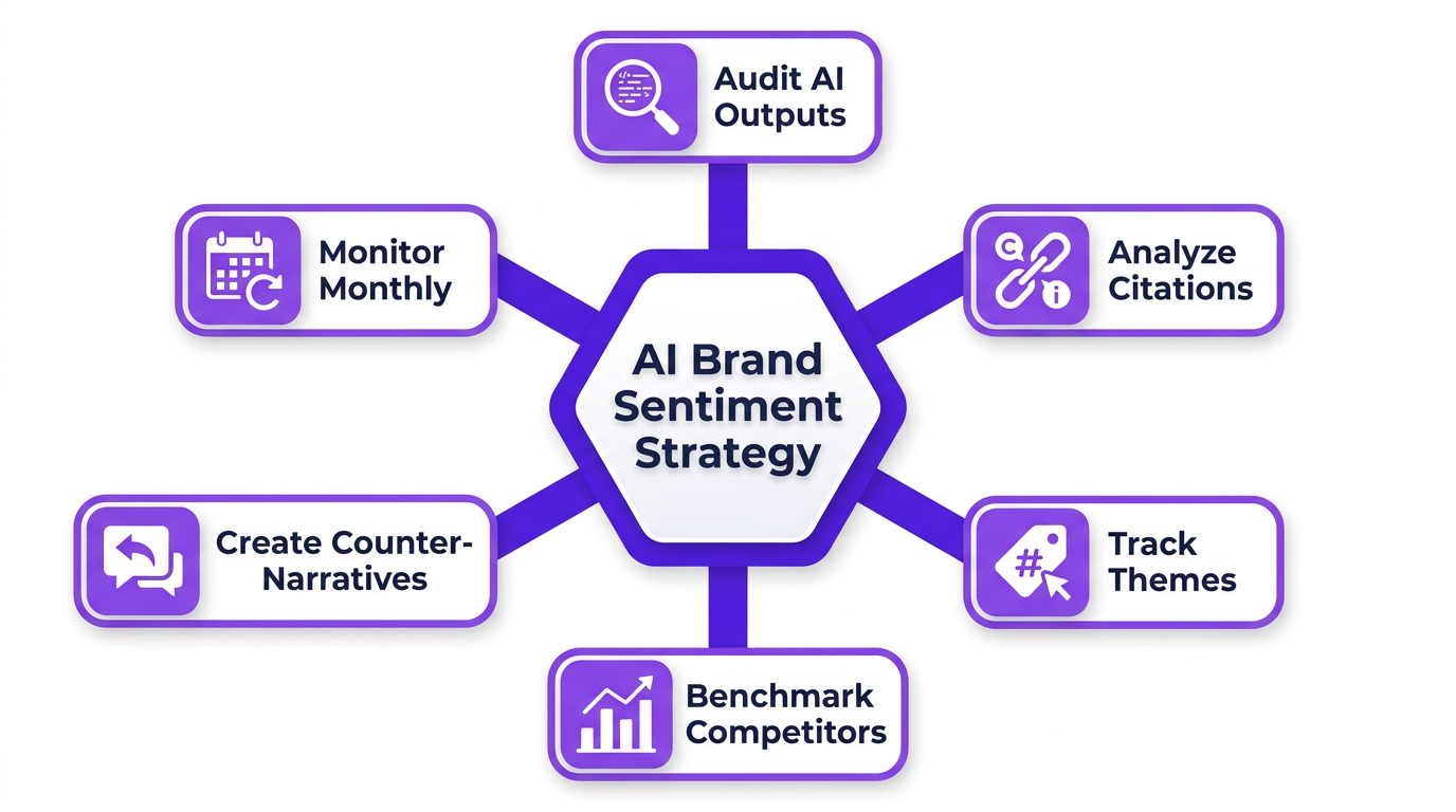 Mindmap infographic showing six key actions for AI brand sentiment strategy