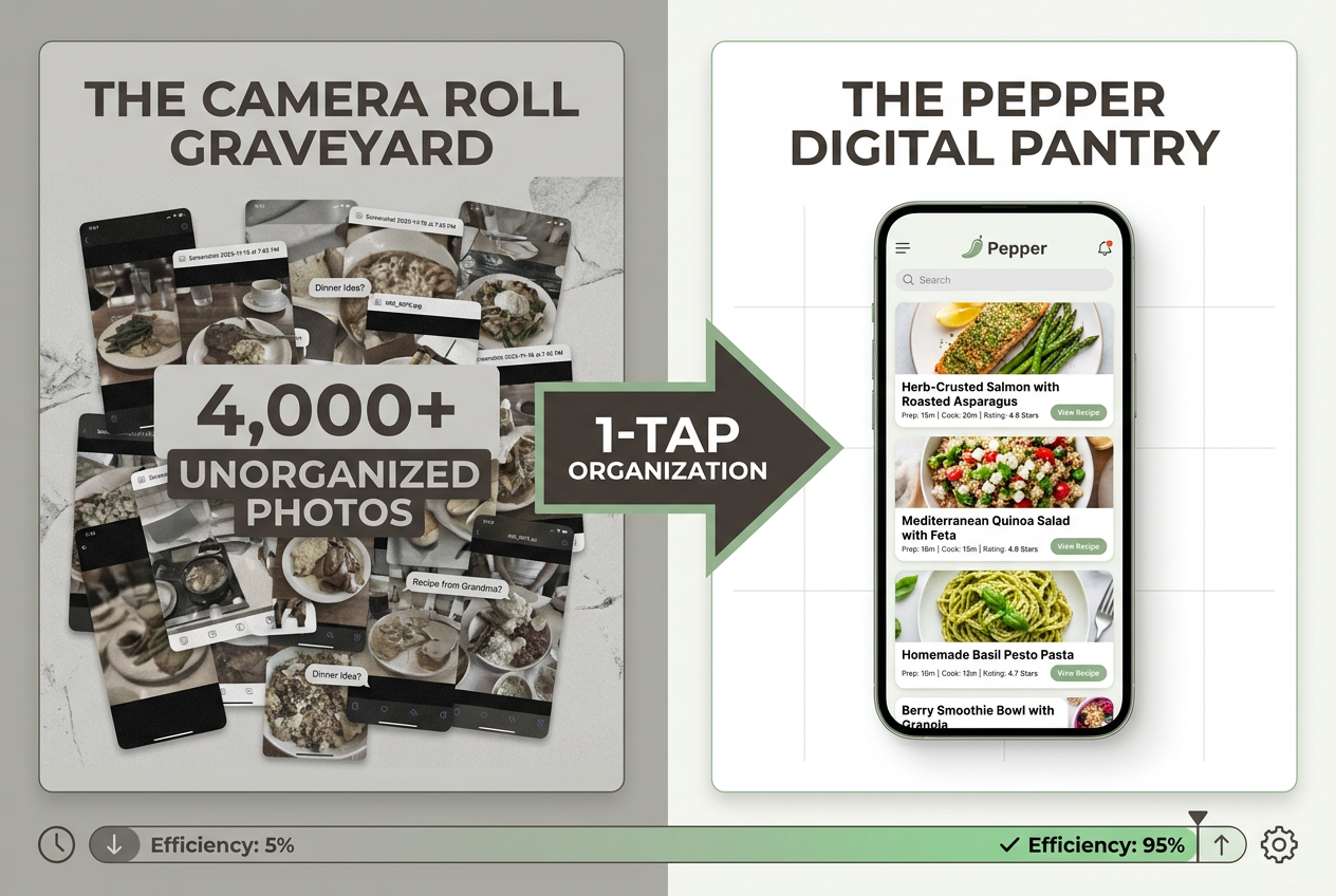 Split-screen infographic comparing a cluttered smartphone camera roll of recipe screenshots to the organized Pepper app digital pantry interface.