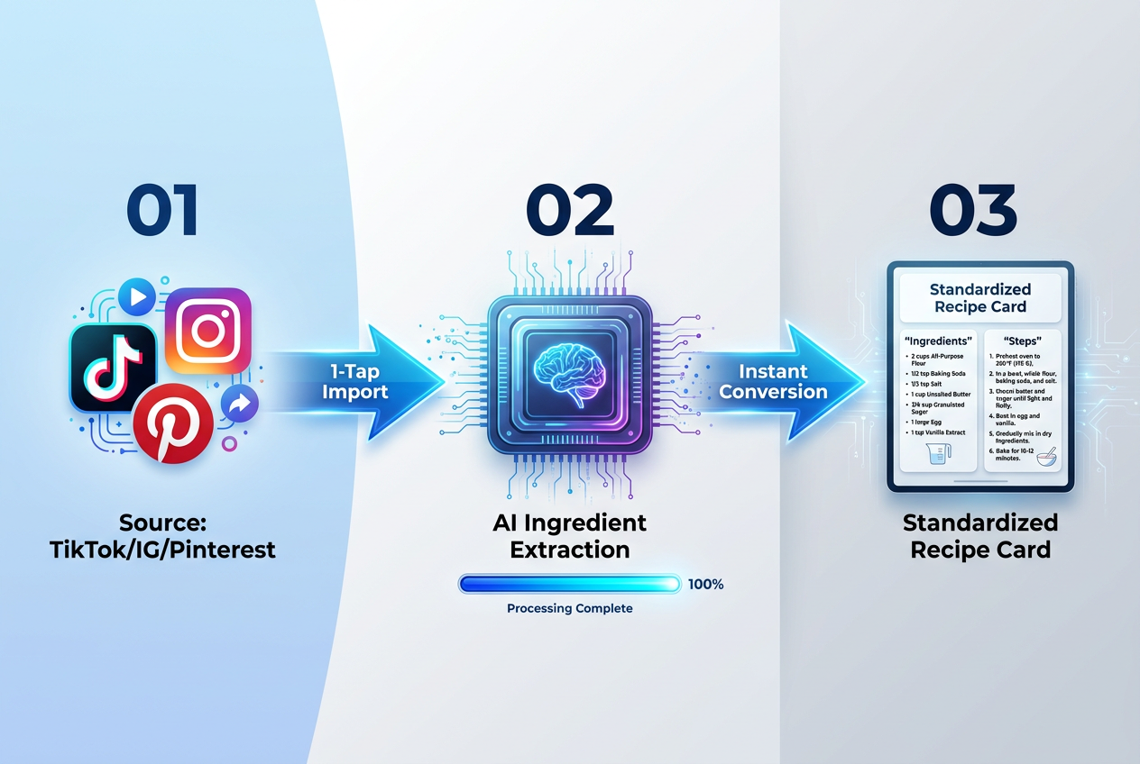 Three-step diagram showing the Pepper app process of importing recipes from TikTok and Instagram into a standardized ingredient and instruction list.