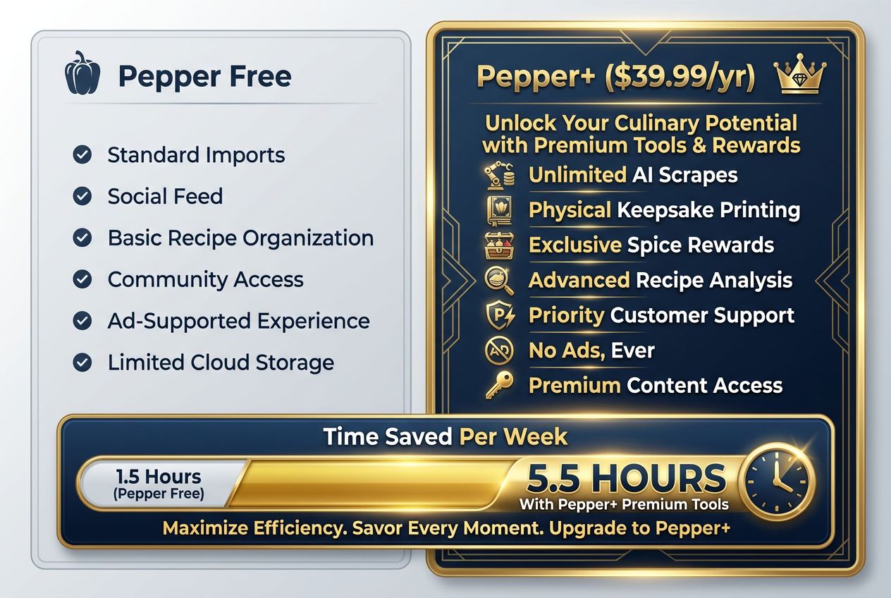 Comparison of Pepper app free vs paid features highlighting unlimited AI scrapes and physical cookbook printing included in the Pepper+ subscription.