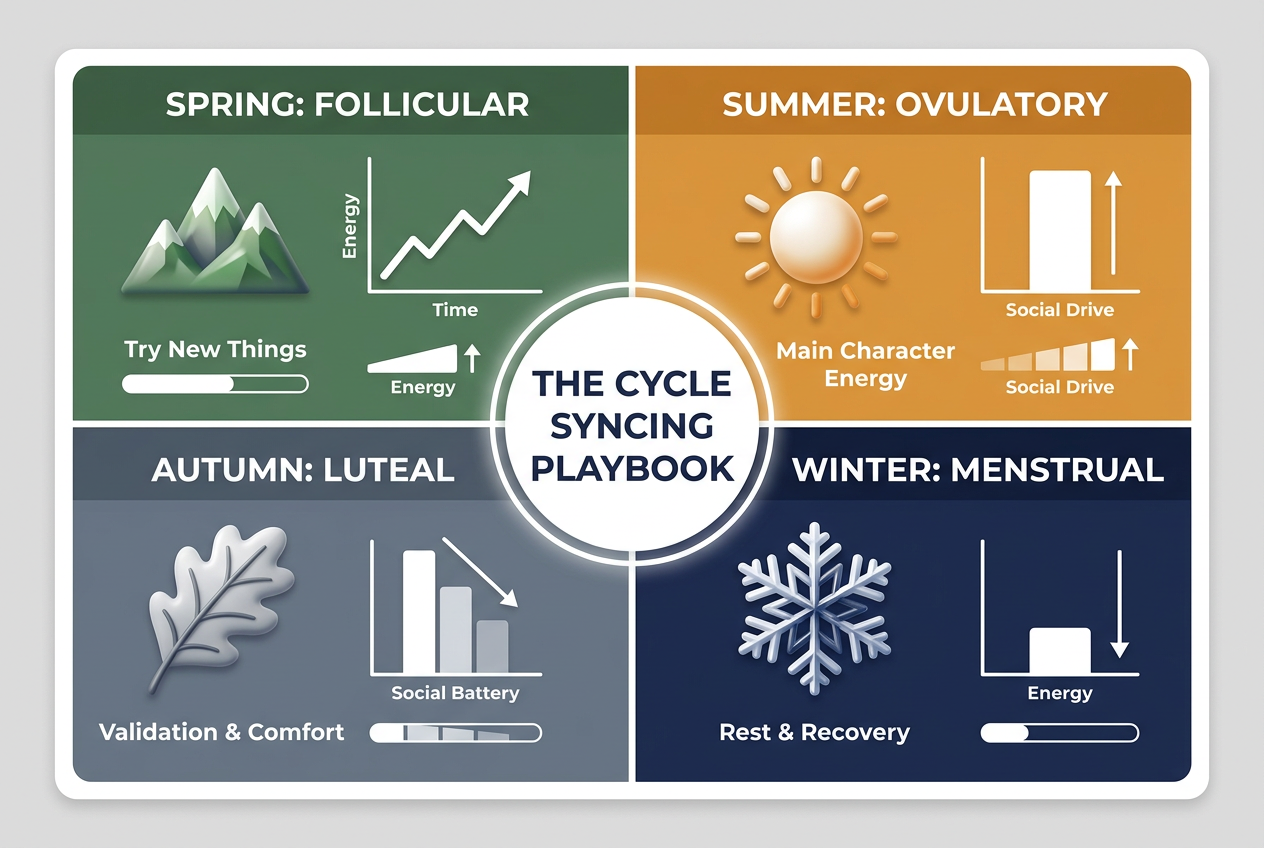 An infographic showing the four seasons of a menstrual cycle (Spring, Summer, Autumn, Winter) with date night vibes and energy levels for men.