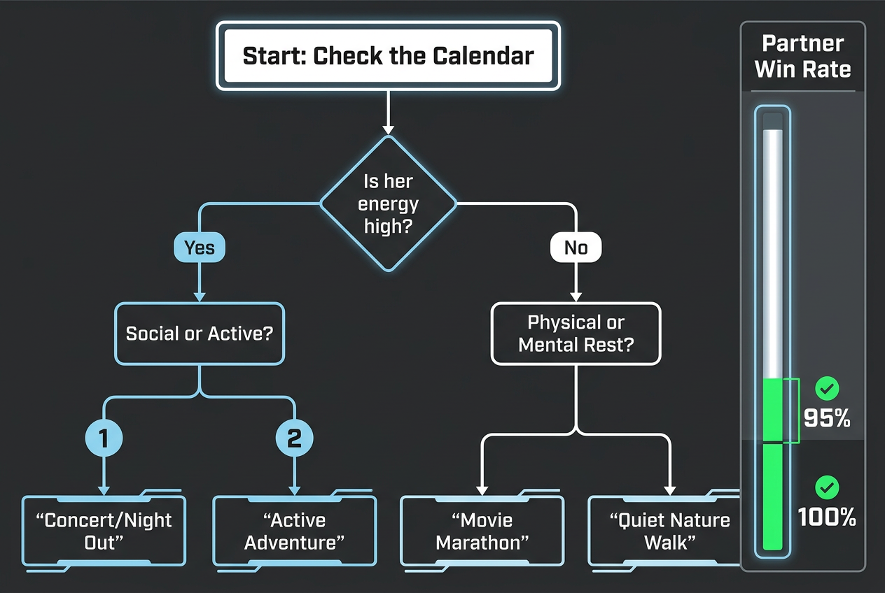 A tactical decision tree for men to choose the perfect date based on their partner’s current energy levels and cycle phase.