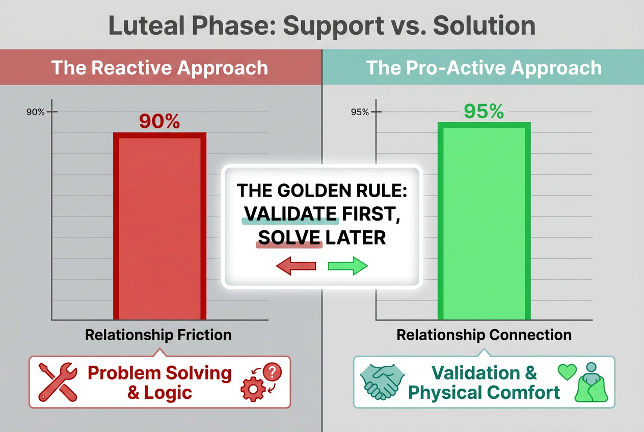 A comparison chart showing how validation and physical comfort outperform logic during the luteal phase for better relationship connection.