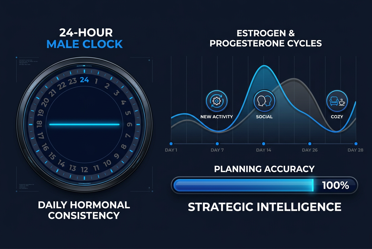 A comparative graph showing the steady 24-hour male hormonal cycle versus the rhythmic 28-day female cycle for relationship planning.