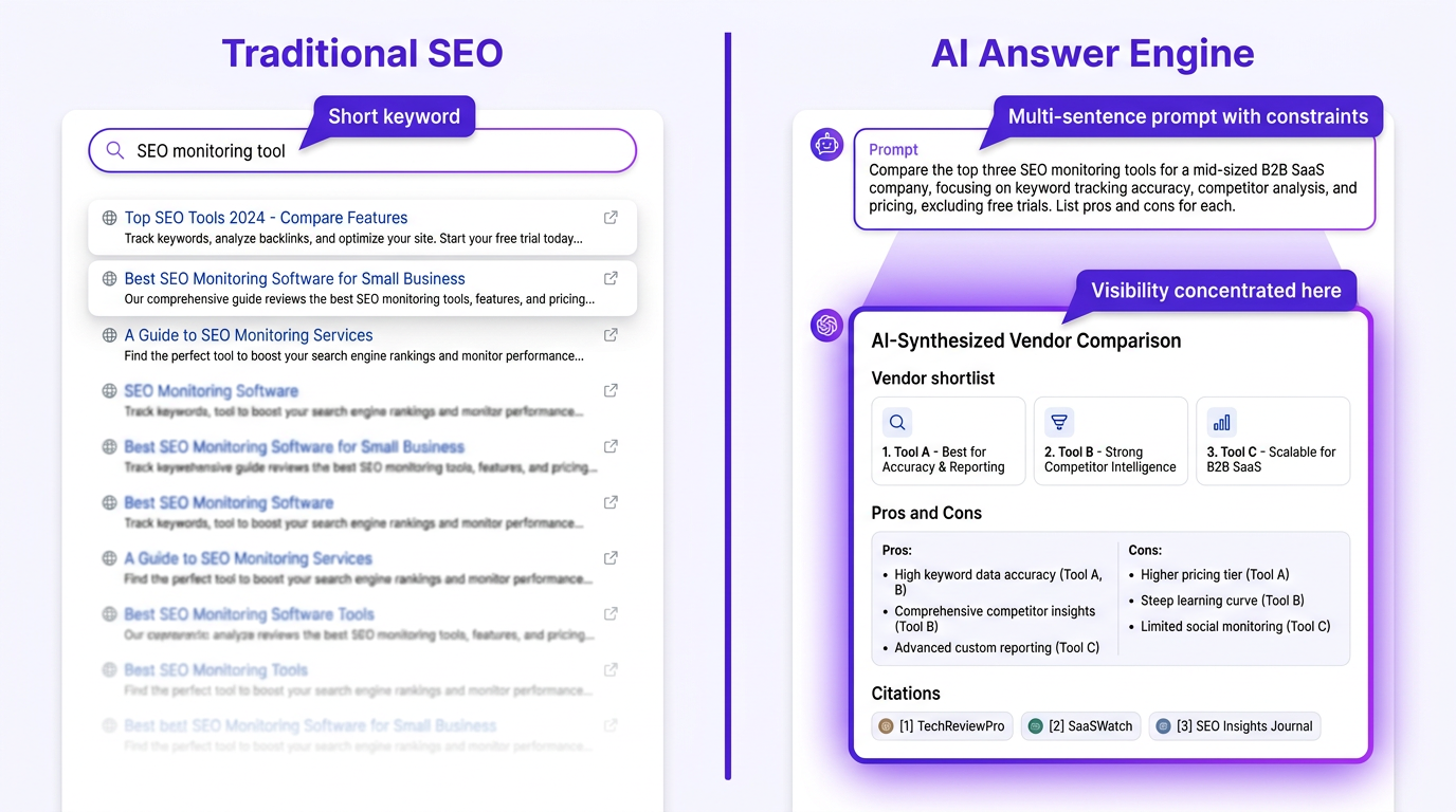 Side-by-side infographic comparing AI search prompts versus traditional SEO keywords