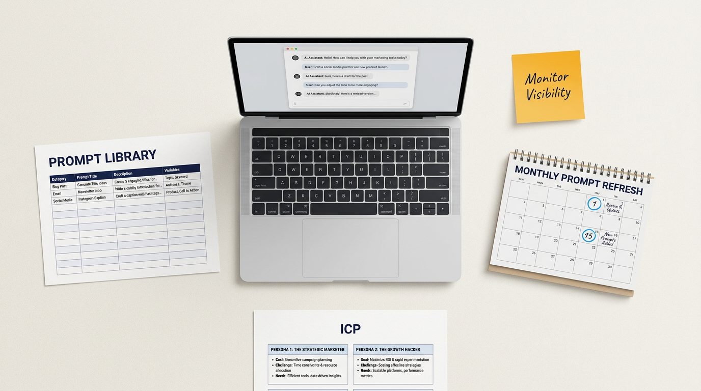 Flat-lay of prompt research tools including laptop, prompt library spreadsheet, ICP document, and sticky note