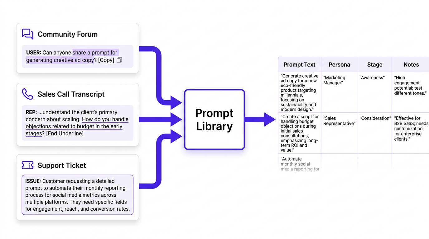 Flowchart showing buyer-intent prompts collected from communities, calls, and support tickets into a prompt library spreadsheet