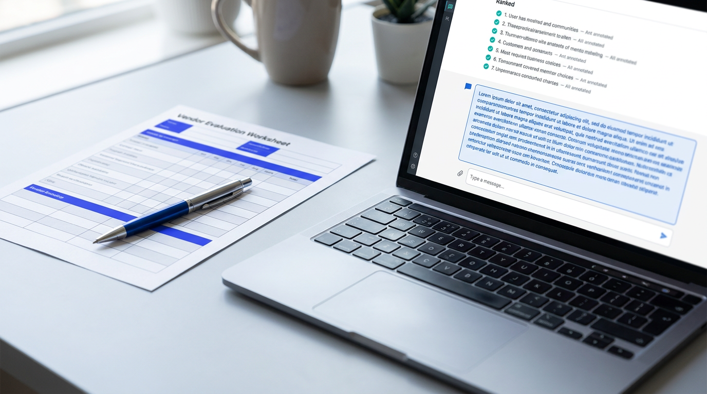 Desk with vendor comparison worksheet and laptop showing AI chat shortlist
