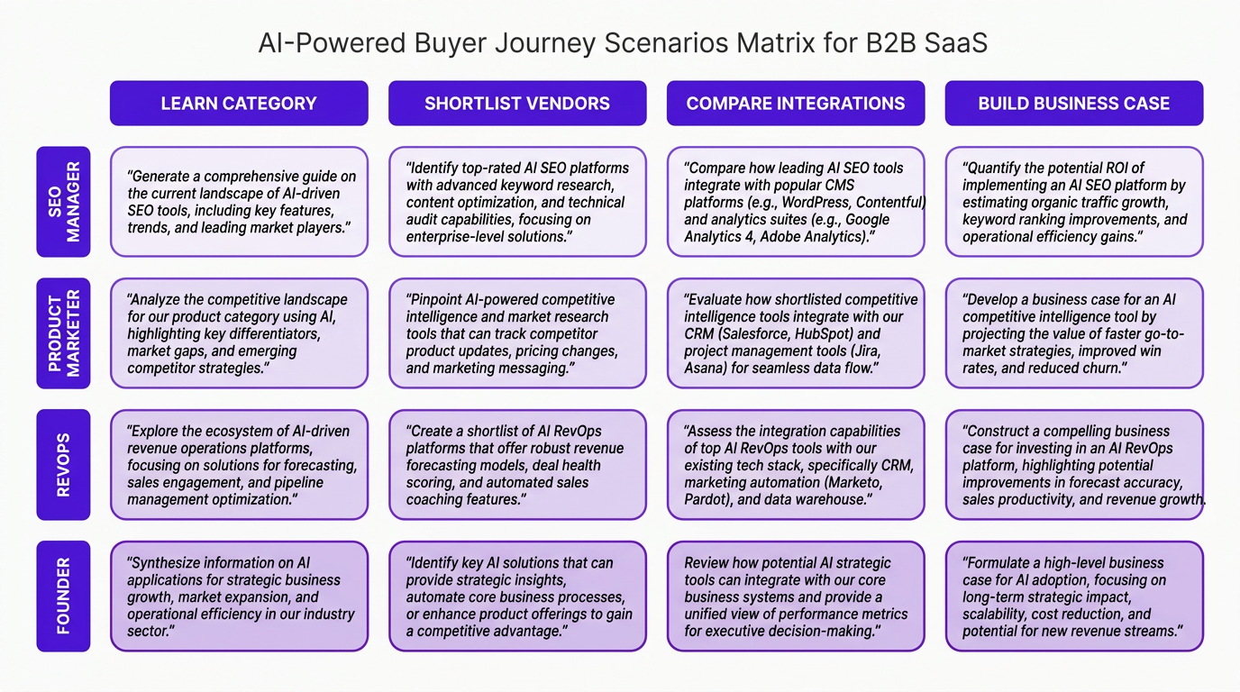 Persona-to-scenario matrix mapping buyer roles to ChatGPT prompt research scenarios