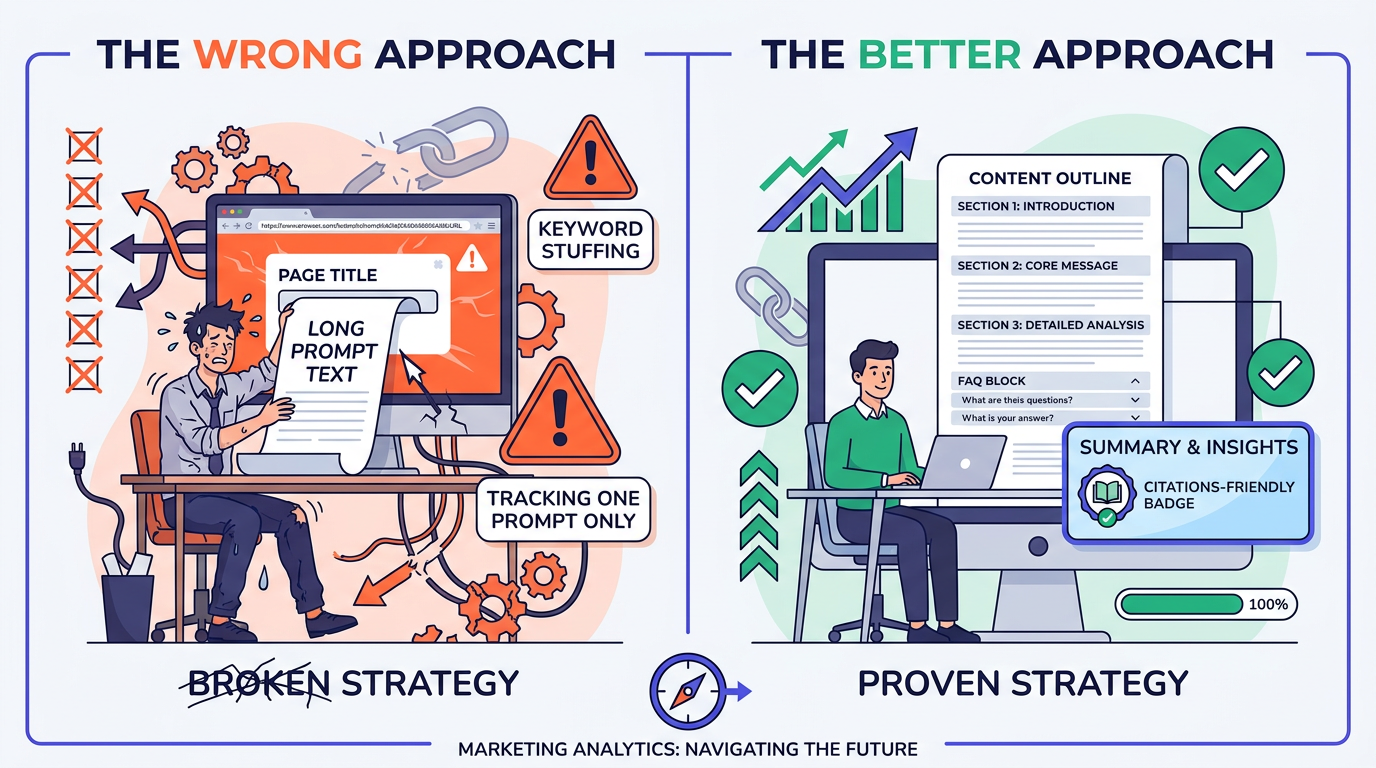 Illustration showing common prompt research mistakes versus a structured SEO content strategy