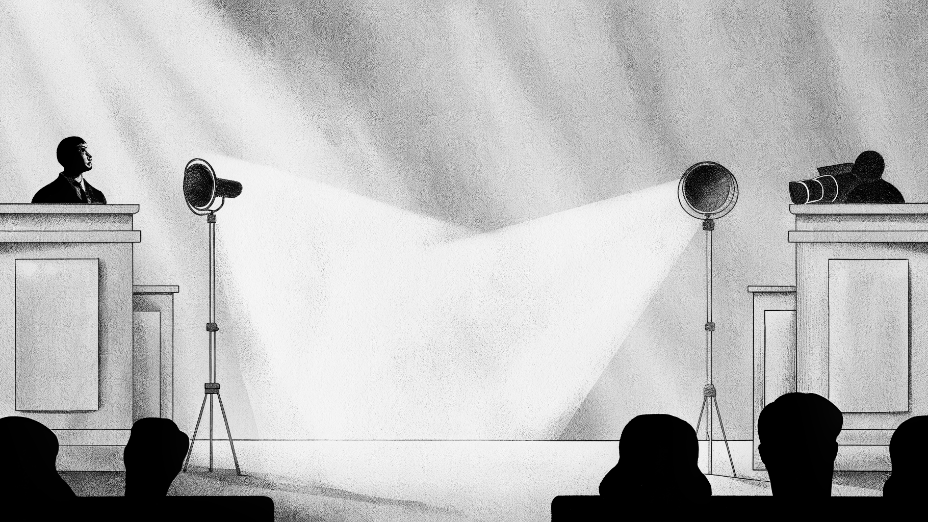 Illustration abstraite d’une salle d’audience au Cameroun avec ambiance sombre et tension autour de la liberté de la presse