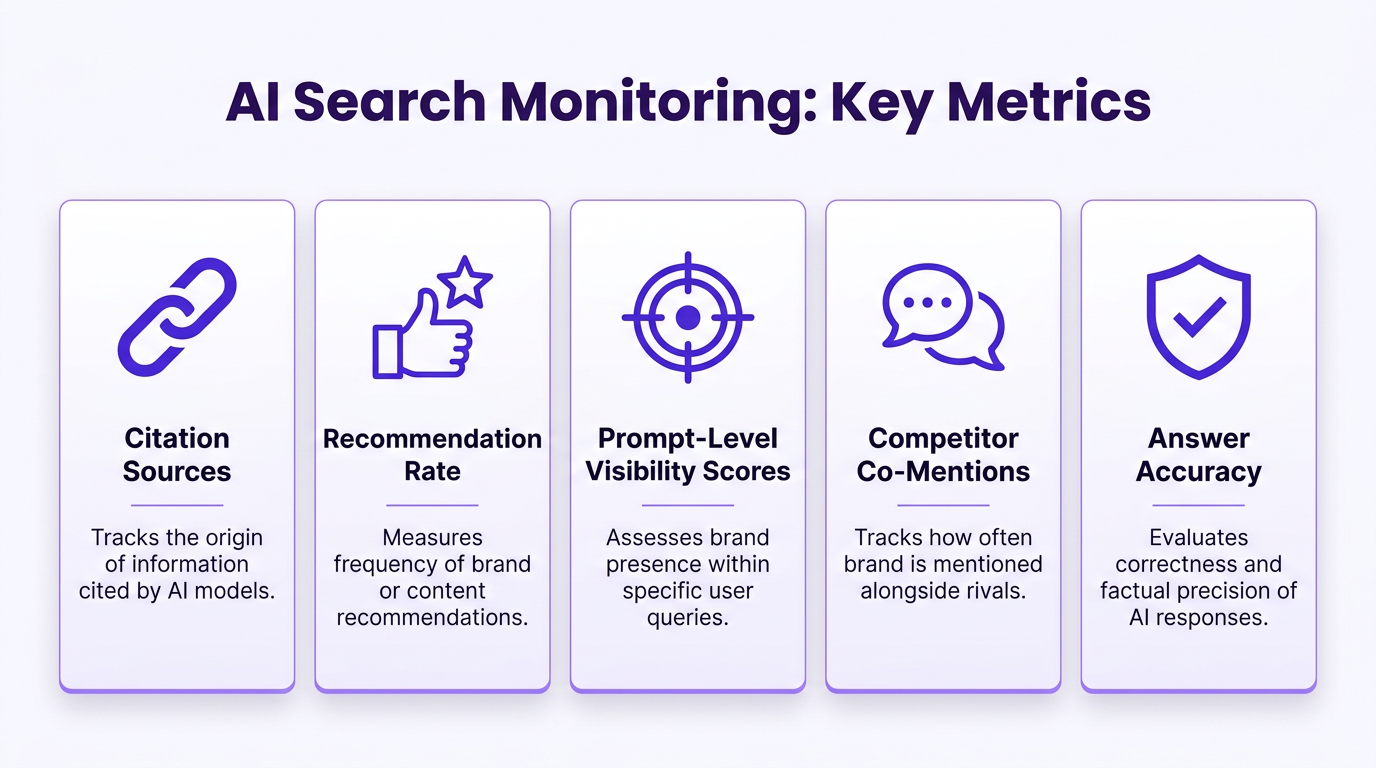 Infographic showing five AI search monitoring metrics including citation sources and recommendation rate