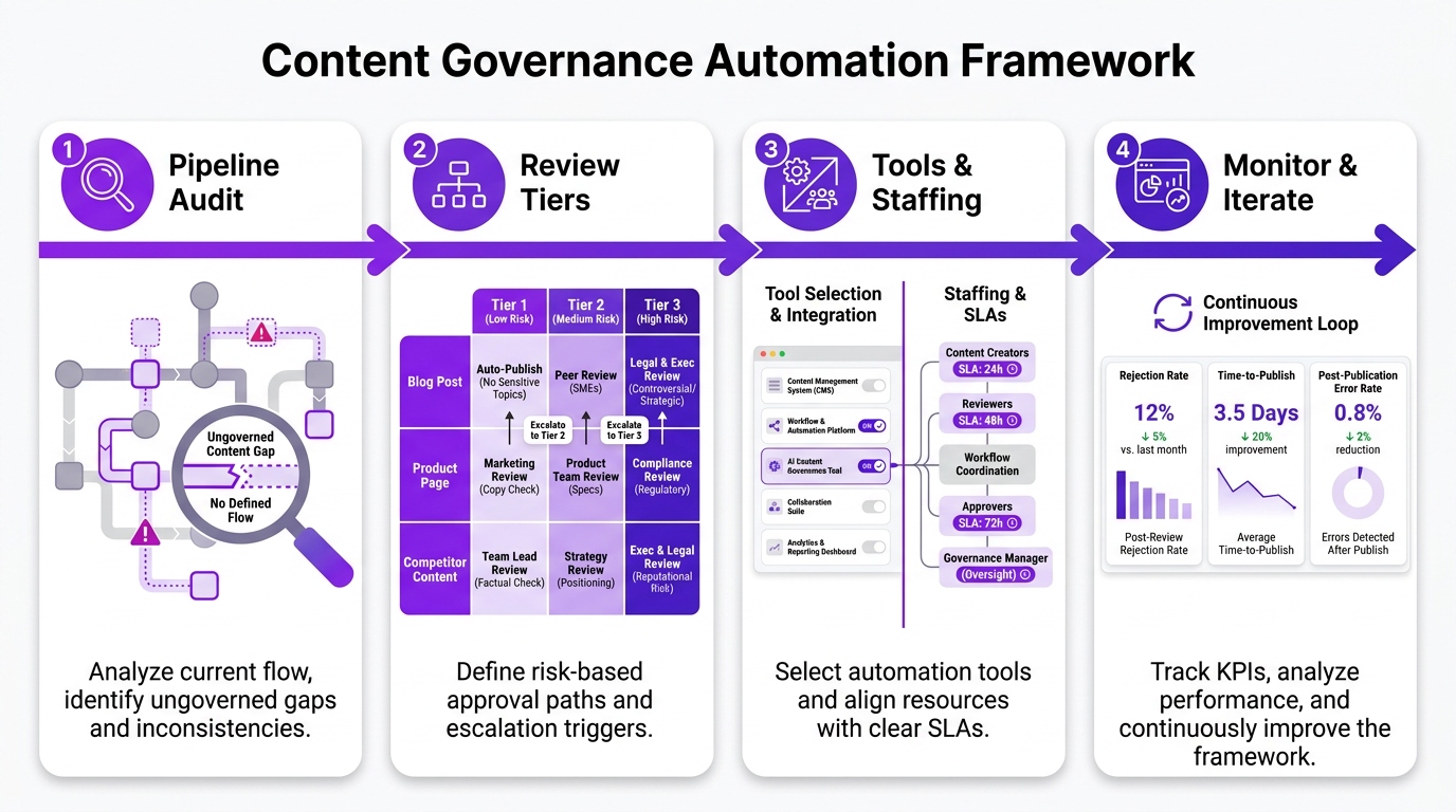 Four-step content governance automation implementation framework infographic