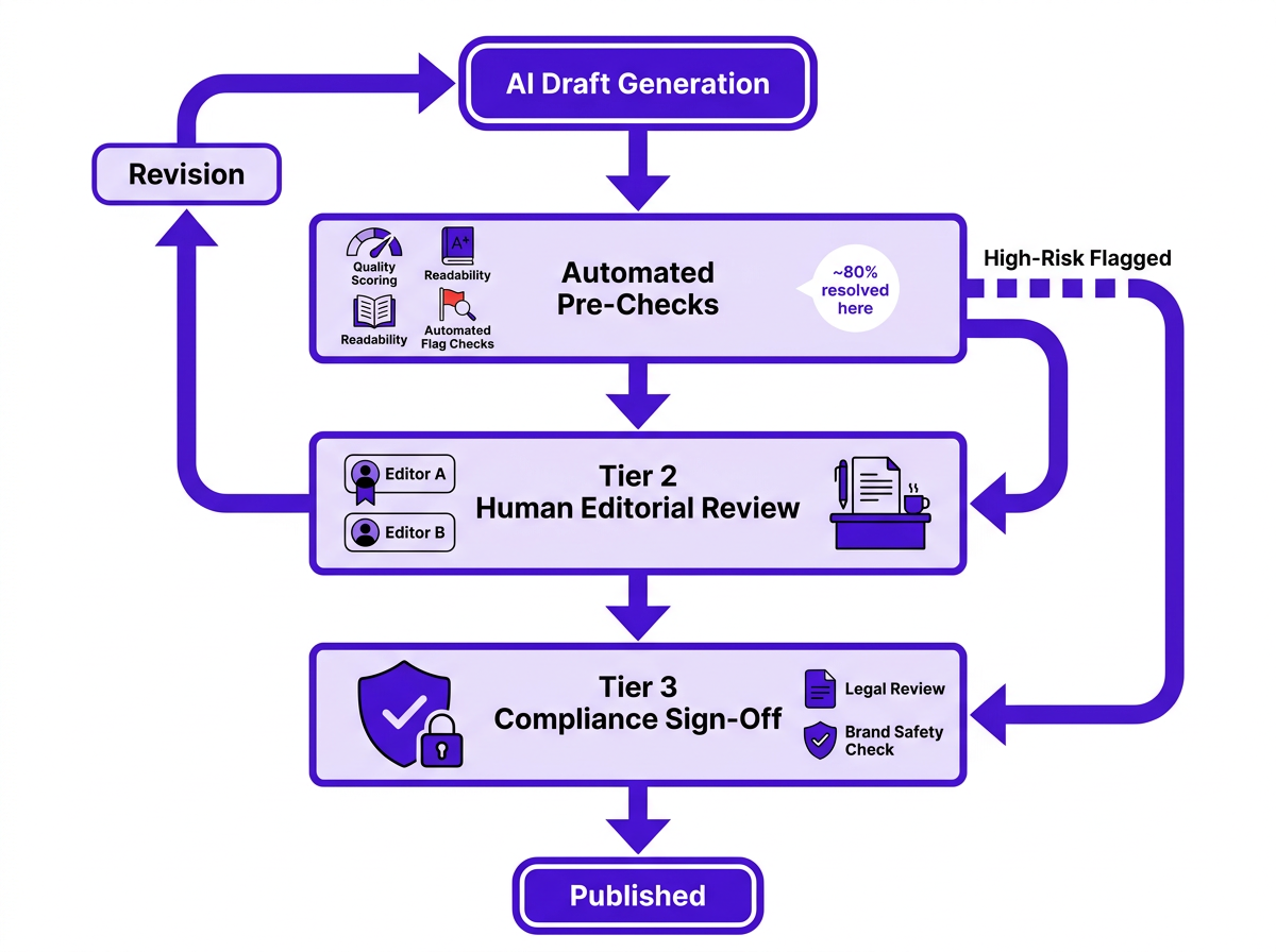 Content governance automation workflow flowchart with three review tiers