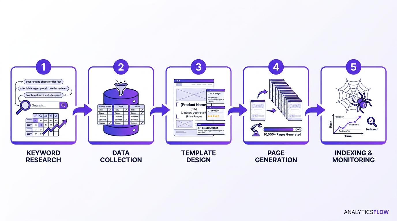 Programmatic SEO five-stage flowchart from keyword research to indexing