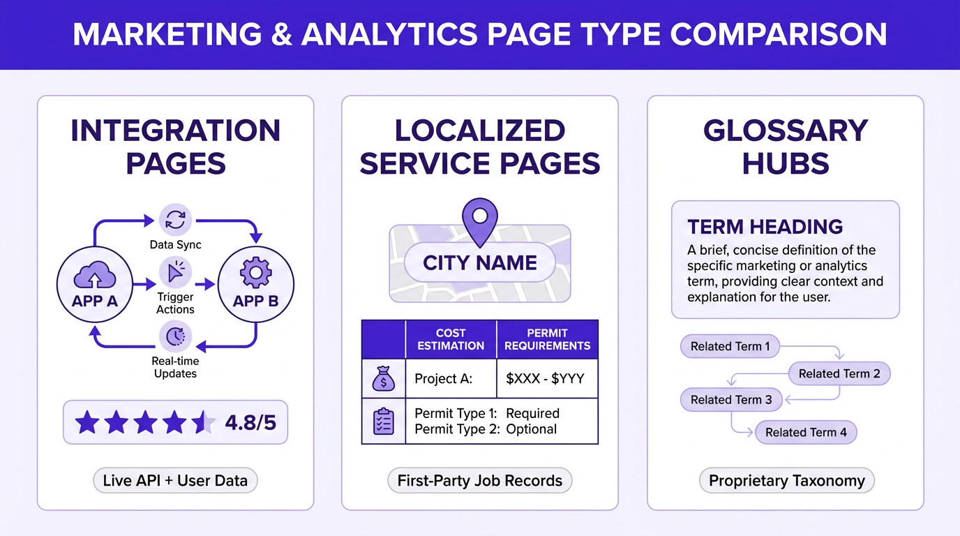 Infographic comparing three programmatic SEO page types side by side