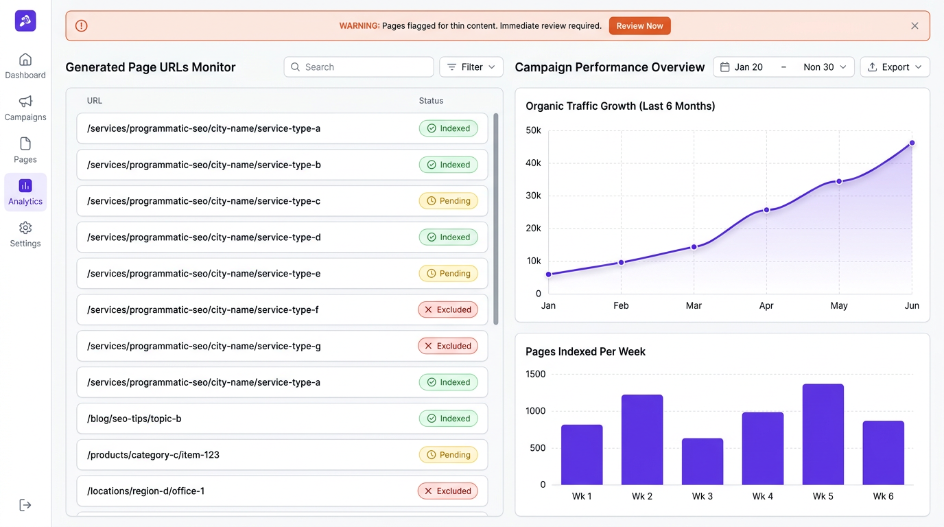 Programmatic SEO monitoring dashboard showing indexing status and organic traffic trends