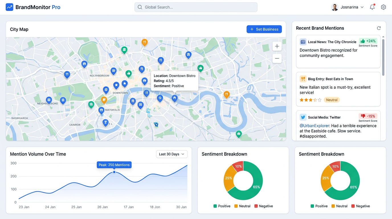 Brand monitoring dashboard showing local SEO mentions, map pins, and sentiment charts