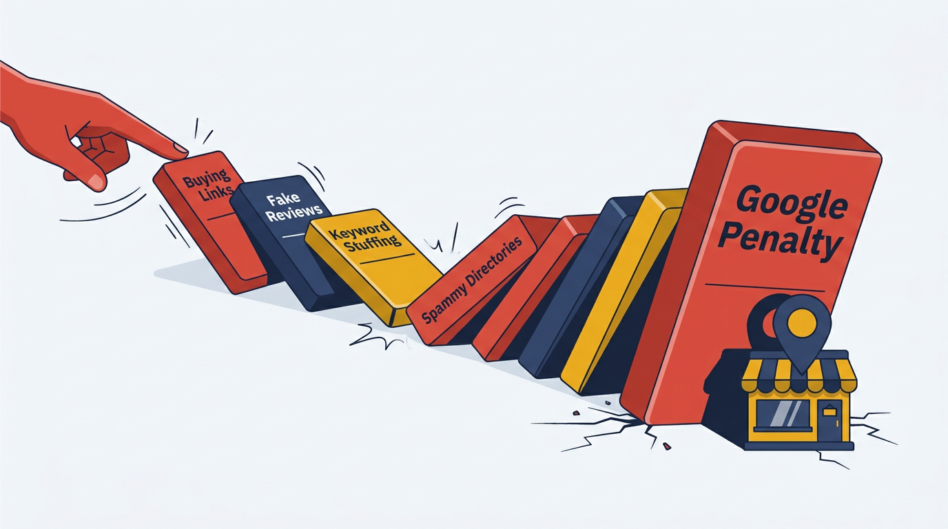 Illustration of bad SEO tactics as dominoes triggering a Google penalty