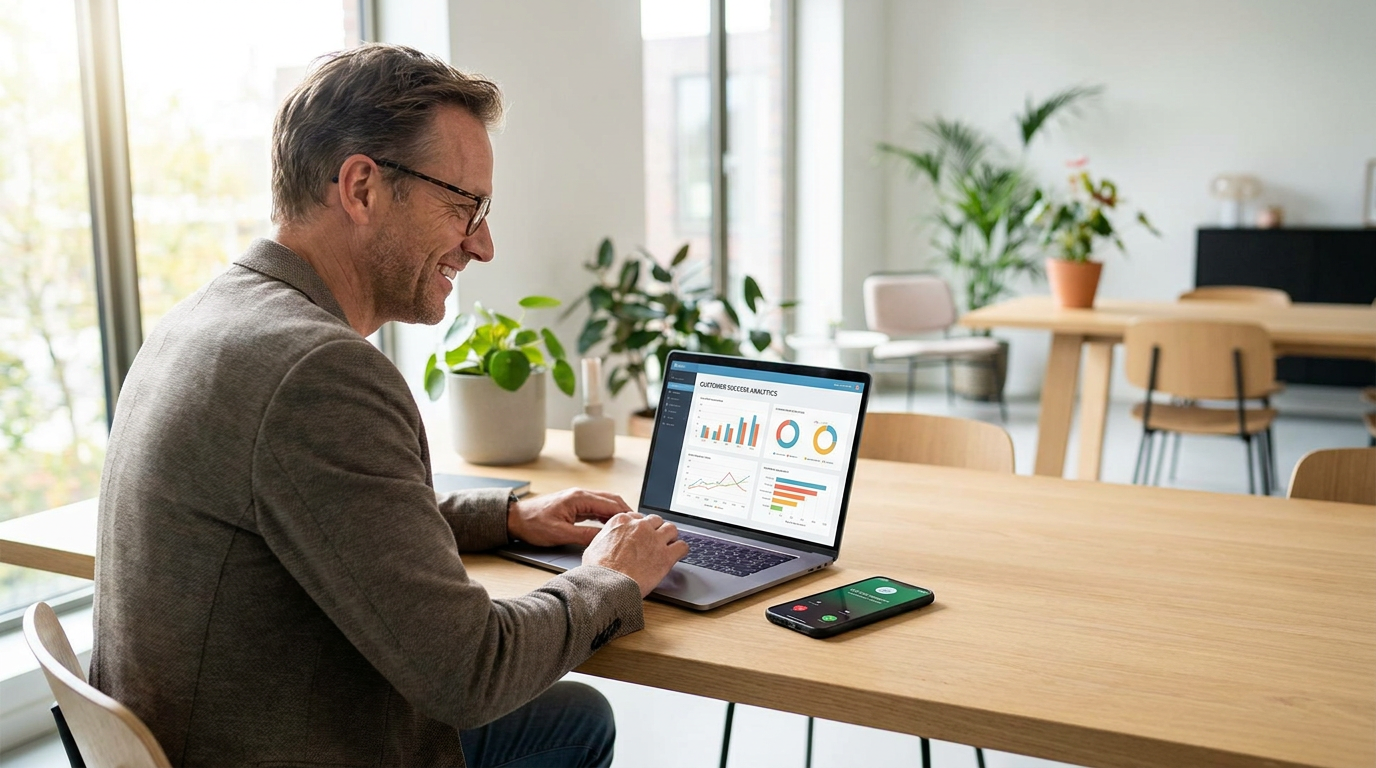 Ondernemer bekijkt klantenservice dashboard op laptop
