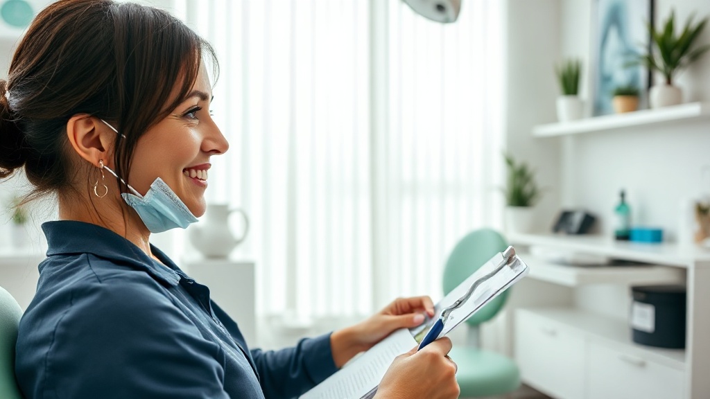 Dentista revisando los dientes de un paciente con espejo dental en consultorio