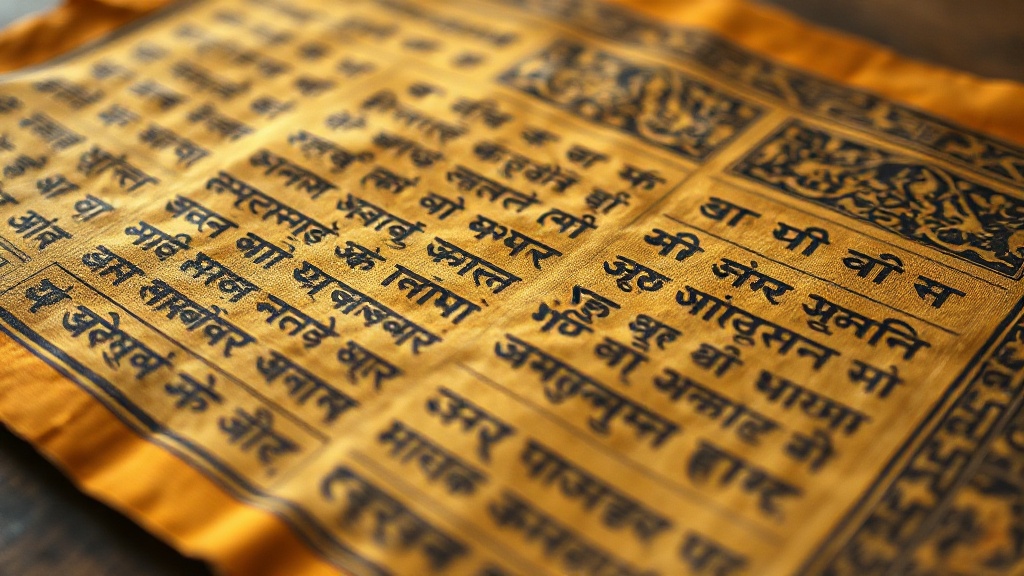 Close-up of a traditional woodblock-printed Tibetan prayer flag showing mantras and symbolic patterns on aged cotton fabric