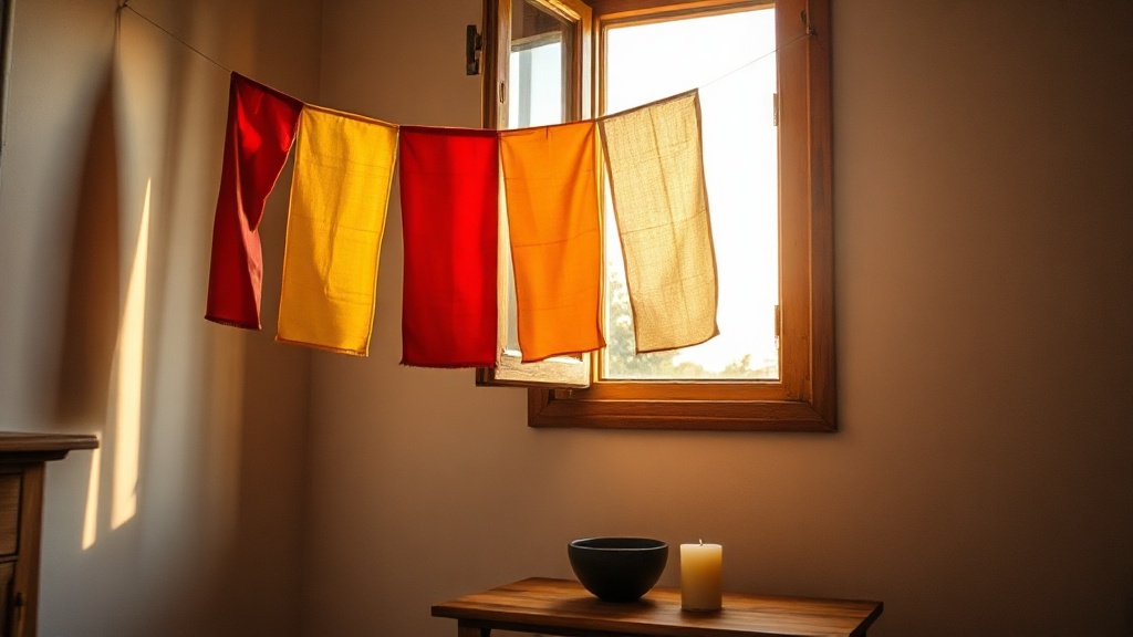 Faded Tibetan prayer flags hung near an open window in a quiet home meditation corner with soft natural light