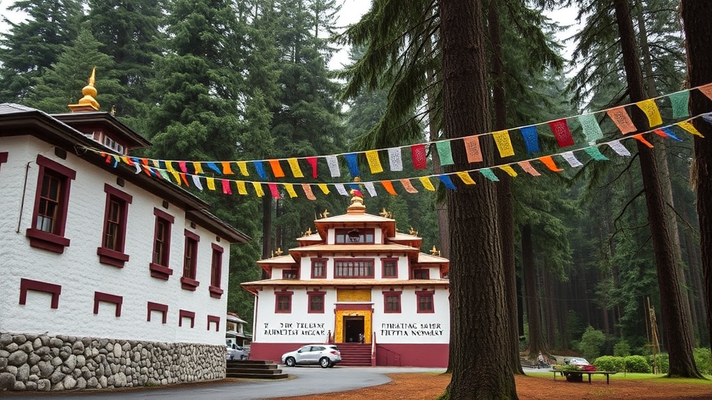 Monastère tibétain Vajrayâna entouré de forêts de la côte Pacifique canadienne