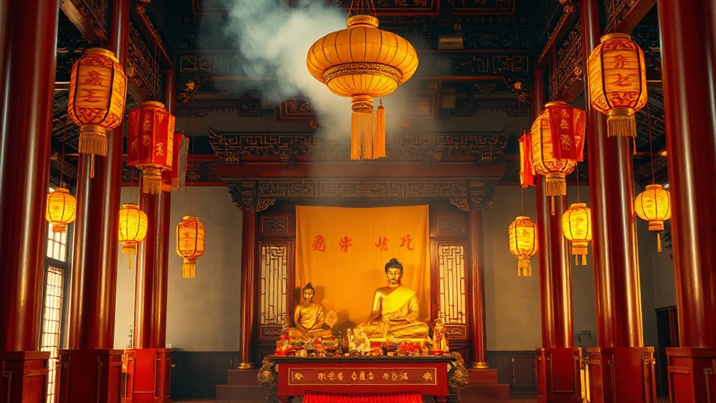 Salle principale d'un temple Fo Guang Shan avec autels dorés et lanternes en soie rouge