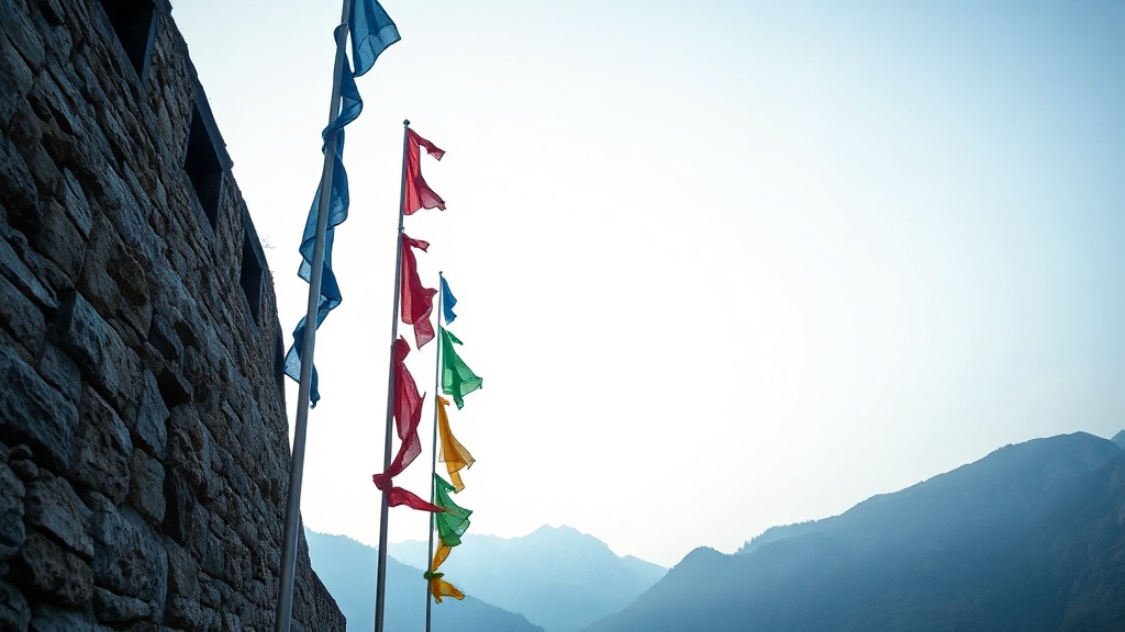 Tall vertical Darchor prayer flag poles beside a stone monastery wall in the Himalayas, colorful banners rippling in the wind