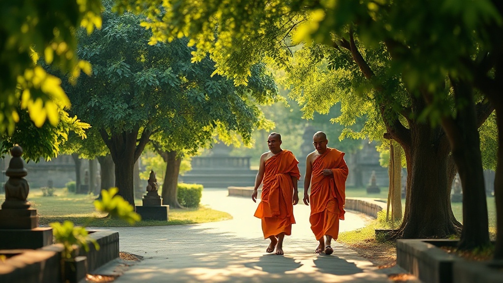 Moines en robe safran marchant dans les allées ombragées d'un monastère bouddhiste entouré d'arbres tropicaux