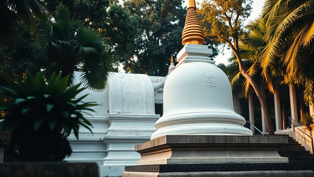 Stupa blanc à flèche dorée dans l'enceinte d'un monastère bouddhiste sri-lankais entouré de végétation tropicale