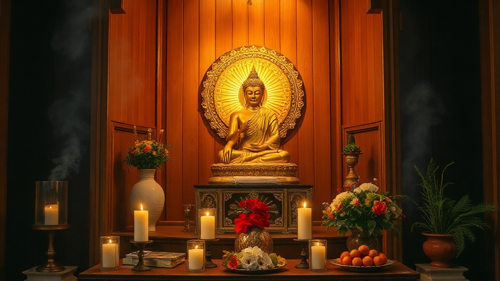 Salle de culte d'un monastère bouddhiste avec statue dorée du Bouddha assis en lotus, encens et offrandes florales