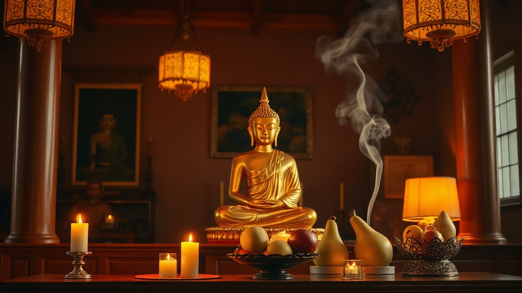 Autel d'un temple bouddhiste canadien avec statue dorée et offrandes de fleurs de lotus