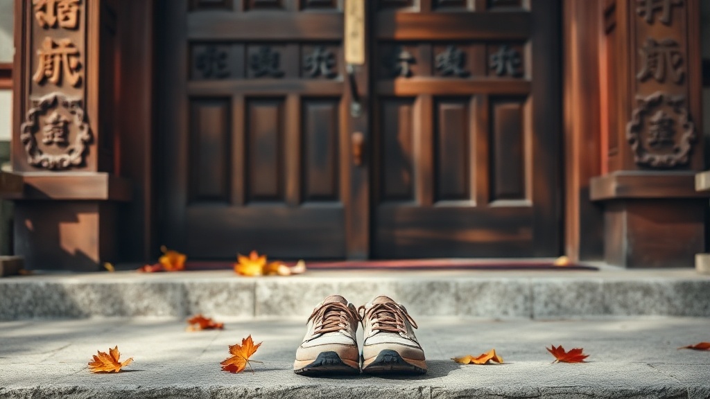 Chaussures déposées devant l'entrée d'un temple bouddhiste, geste d'étiquette traditionnel