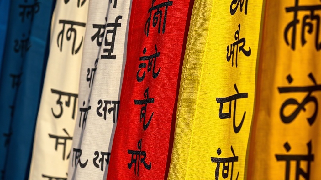 Close-up of Tibetan prayer flag panels in the traditional five-color sequence with printed Tibetan script
