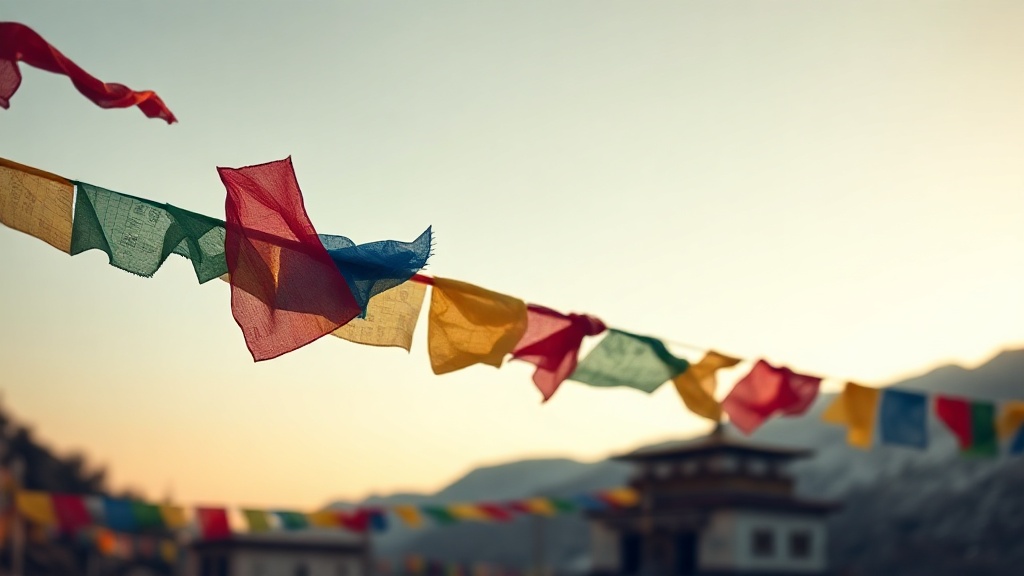 Tibetan prayer flags strung horizontally across a high-altitude pass, all five colors visible against a pale sky
