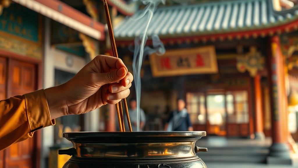 Mains déposant un bâton d'encens dans un brûloir en bronze à l'entrée d'un temple bouddhiste