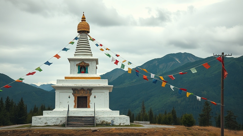 Stupa tibétain orné de drapeaux de prière dans un paysage canadien montagneux