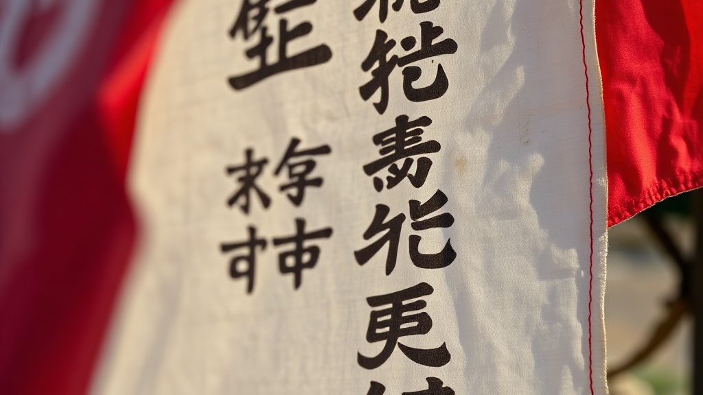 Red and white Tibetan prayer flag panels with wind horse print and Tibetan mantras in natural light