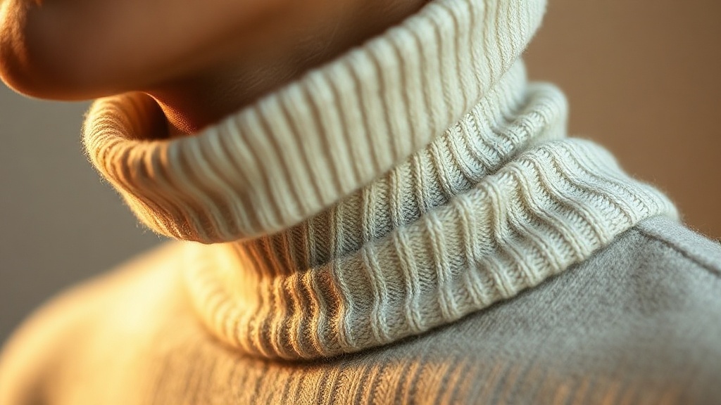 Close-up detail of a charcoal cashmere turtleneck collar showing the fine knit texture and natural fold