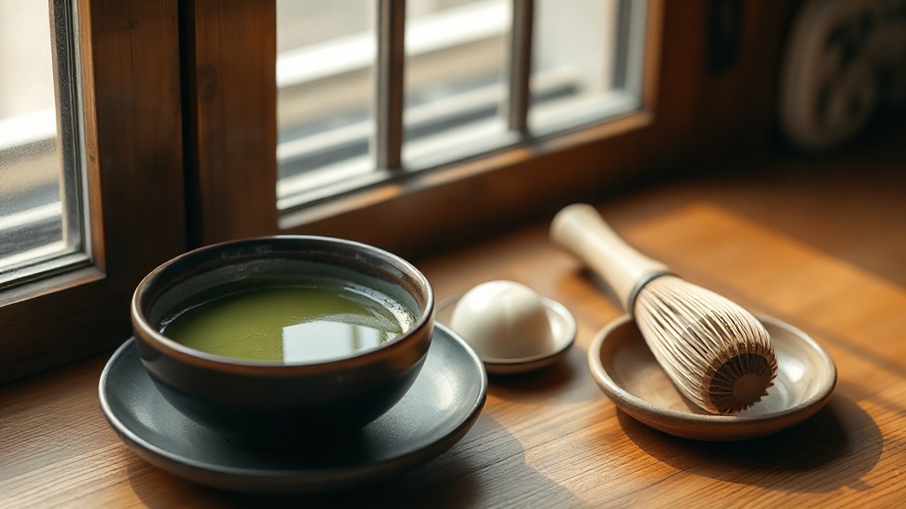 Bol de matcha cérémoniel avec des mochis japonais peu sucrés sur une table en bois