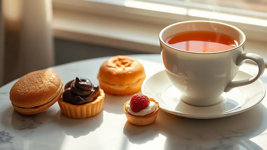 Assortiment de pâtisseries françaises classiques à côté d'une tasse de thé noir chaud