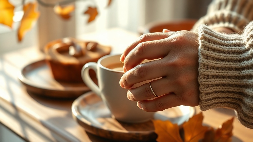 Mains tenant une tasse de thé chaud avec un cake aux noix et épices en arrière-plan